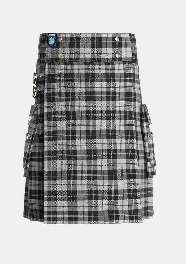 Utility_Erskine_Black_and_White_Tartan_1246_kilt_front_image_with_pleated_design_and_adjustable_buckles_for_men