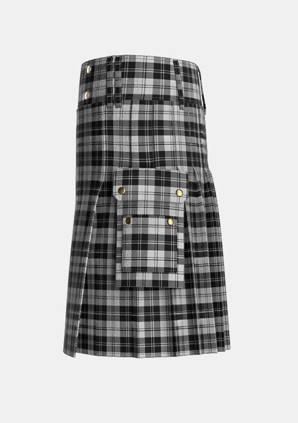 Utility_Erskine_Black_and_White_Tartan_1246_kilt_left_image_with_pleated_design_and_adjustable_buckles_for_men