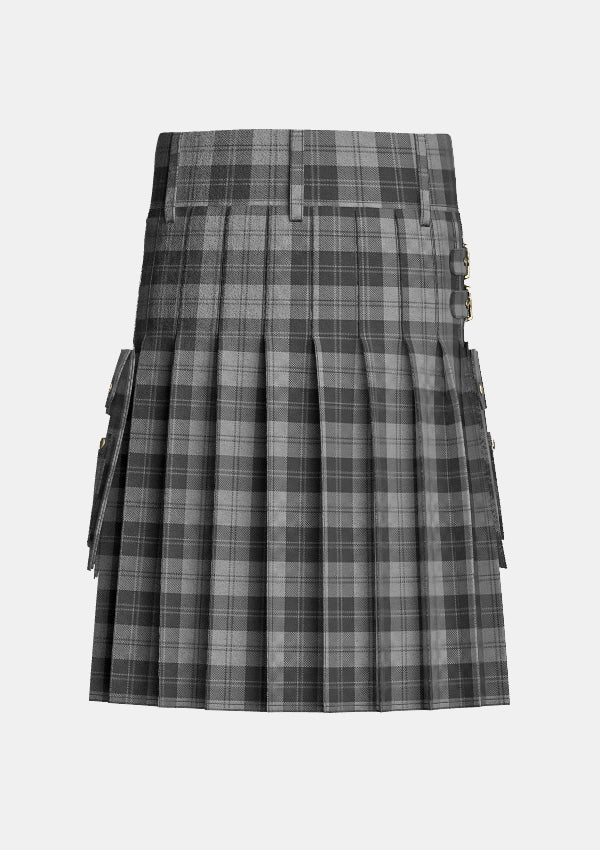 Utility_Erskine_Grey_Tartan_kilt_back_image_with_pleated_design_and_adjustable_buckles_for_men