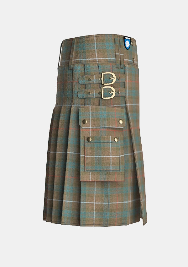 Utility_Fraser_Weathered_Tartan_kilt_right_image_with_pleated_design_and_adjustable_buckles_for_men