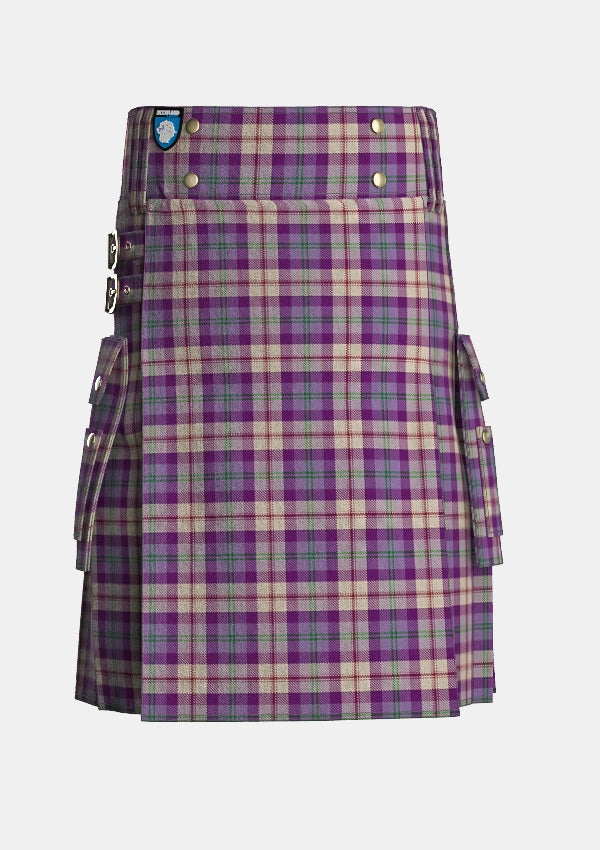 Utility_Gigha_Lilac_Tartan_7582_kilt_front_image_with_pleated_design_and_adjustable_buckles_for_men