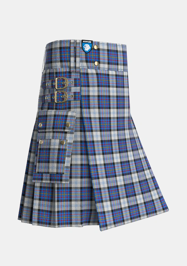 Utility_Gillies_Dress_Blue_Tartan_637_kilt_side_image_with_pleated_design_and_adjustable_buckles_for_men