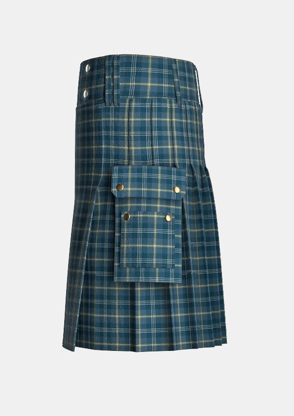 Utility_Gorman_Blue_Tartan_10390_kilt_left_image_with_pleated_design_and_adjustable_buckles_for_men