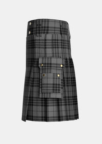 Utility_Grey_Spirit_tartan_6594_kilt_left_image_with_pleated_design_and_adjustable_buckles_for_men