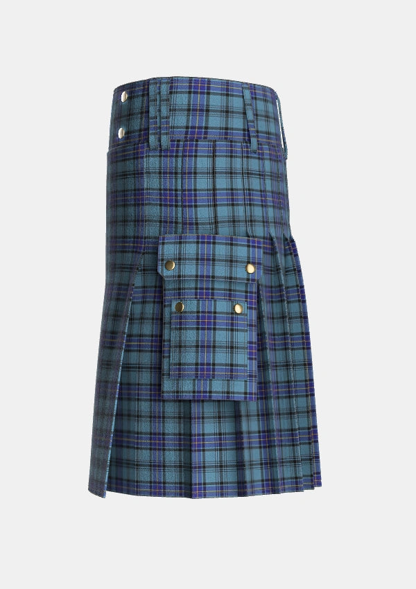Utility_Hannay_Blue_Tartan_6509_kilt_left_image_with_pleated_design_and_adjustable_buckles_for_men