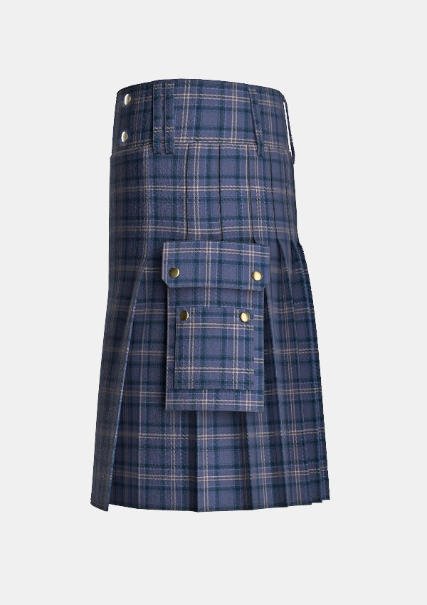 Utility_Highland_Sky_tartan_6825_kilt_left_image_with_pleated_design_and_adjustable_buckles_for_men