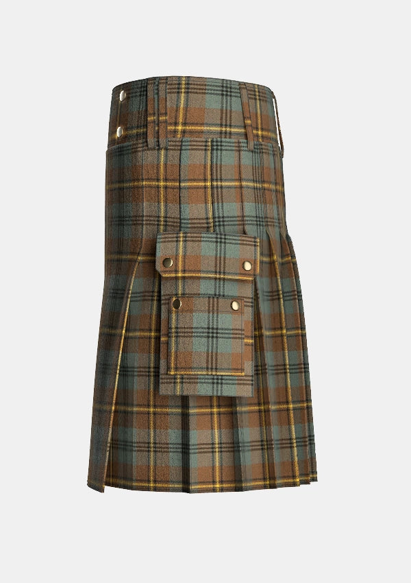 Utility_Johnstone_Weathered_Tartan_kilt_left_image_with_pleated_design_and_adjustable_buckles_for_men