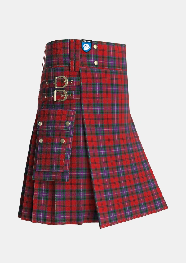 Utility_Kelly_of_Sleat_Red_Tartan_3845_kilt_side_image_with_pleated_design_and_adjustable_buckles_for_men