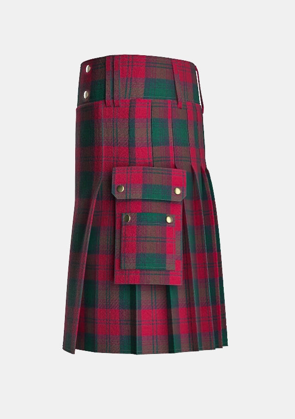Utility_Lindsay_tartan_kilt_left_image_with_pleated_design_and_adjustable_buckles_for_men
