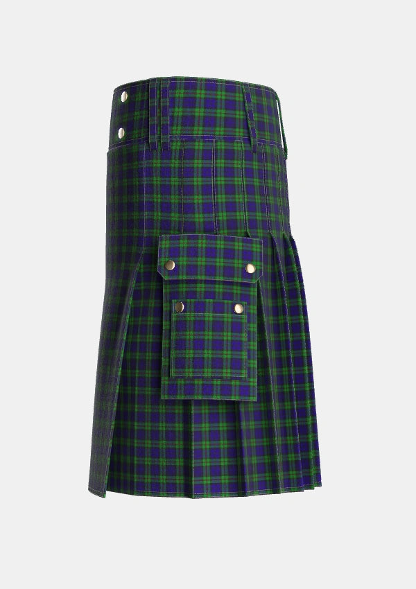 Utility_MacKinlay_2_4_black_stripes_Tartan_3423_kilt_left_image_with_pleated_design_and_adjustable_buckles_for_men
