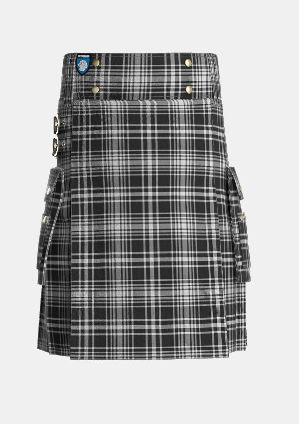 Utility_MacLean_Black_and_White_Tartan_1824_kilt_front_image_with_pleated_design_and_adjustable_buckles_for_men