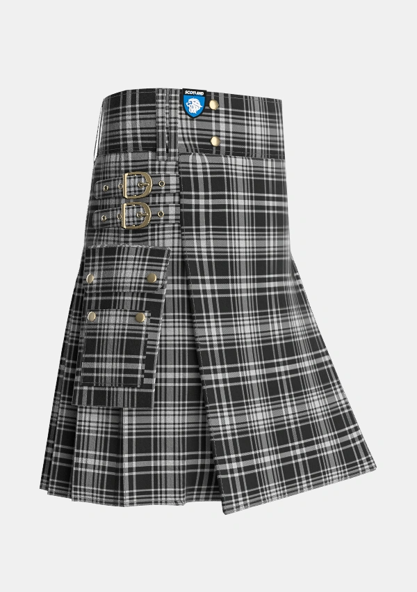 Utility_MacLean_Black_and_White_Tartan_1824_kilt_side_image_with_pleated_design_and_adjustable_buckles_for_men