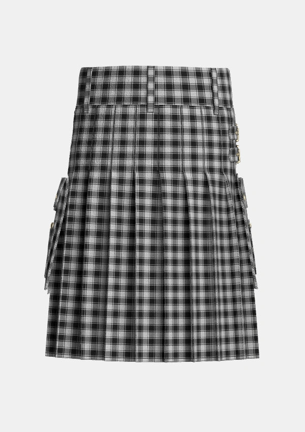 Utility_MacPhee_Black_and_White_Tartan_1252_kilt_back_image_with_pleated_design_and_adjustable_buckles_for_men