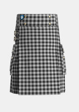 Utility_MacPhee_Black_and_White_Tartan_1252_kilt_front_image_with_pleated_design_and_adjustable_buckles_for_men