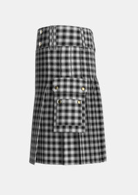 Utility_MacPhee_Black_and_White_Tartan_1252_kilt_left_image_with_pleated_design_and_adjustable_buckles_for_men