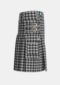 Utility_MacPhee_Black_and_White_Tartan_1252_kilt_right_image_with_pleated_design_and_adjustable_buckles_for_men