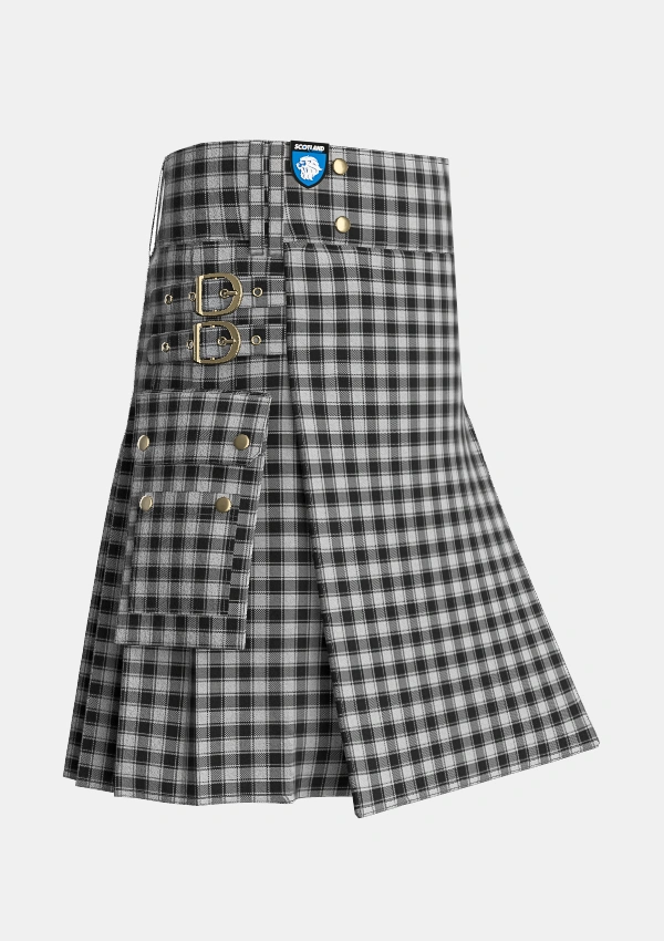 Utility_MacPhee_Black_and_White_Tartan_1252_kilt_side_image_with_pleated_design_and_adjustable_buckles_for_men
