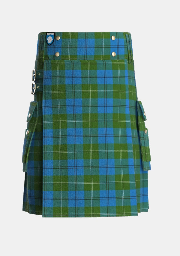 Utility_Melville_Two_black_lines_Tartan_1050_kilt_front_image_with_pleated_design_and_adjustable_buckles_for_men