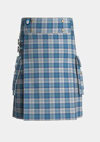 Utility_Menzies_Dress_Blue_White_Tartan_1756_kilt_front_image_with_pleated_design_and_adjustable_buckles_for_men