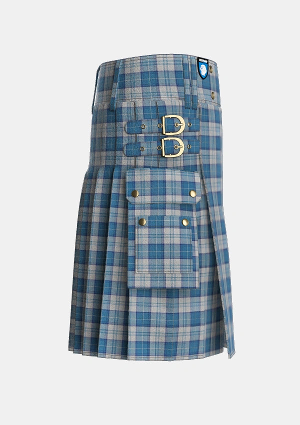 Utility_Menzies_Dress_Blue_White_Tartan_1756_kilt_right_image_with_pleated_design_and_adjustable_buckles_for_men
