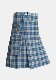 Utility_Menzies_Dress_Blue_White_Tartan_1756_kilt_side_image_with_pleated_design_and_adjustable_buckles_for_men