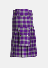 Utility_Menzies_Mauve_and_White_Tartan_648_kilt_left_image_with_pleated_design_and_adjustable_buckles_for_men