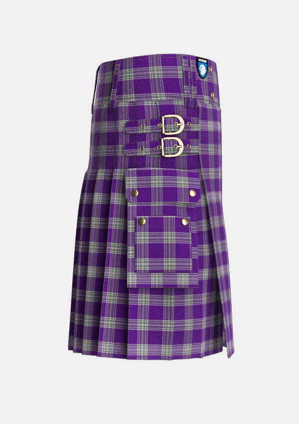 Utility_Menzies_Mauve_and_White_Tartan_648_kilt_right_image_with_pleated_design_and_adjustable_buckles_for_men