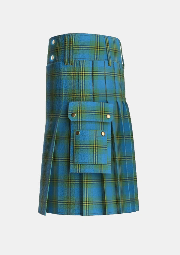 Utility_Oliver_Hunting_Tartan_126_kilt_left_image_with_pleated_design_and_adjustable_buckles_for_men