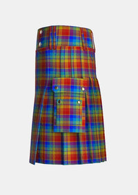 Utility_Rainbow_tartan_2675_kilt_left_image_with_pleated_design_and_adjustable_buckles_for_men