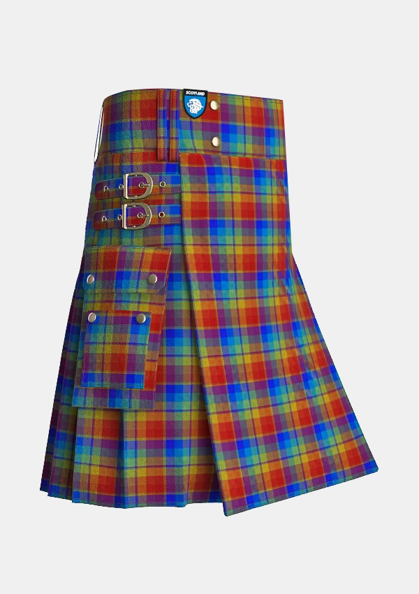 Utility_Rainbow_tartan_2675_kilt_side_image_with_pleated_design_and_adjustable_buckles_for_men