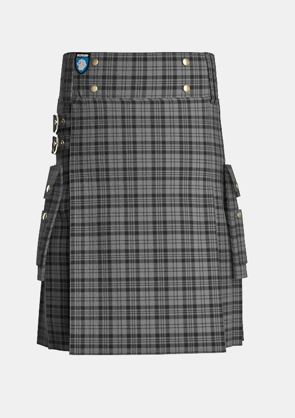 Utility_Scott_Black_and_Grey_Tartan_1287_kilt_front_image_with_pleated_design_and_adjustable_buckles_for_men