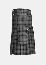 Utility_Scott_Black_and_Grey_Tartan_1287_kilt_left_image_with_pleated_design_and_adjustable_buckles_for_men
