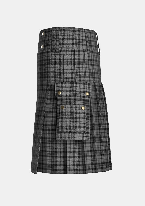 Utility_Scott_Black_and_Grey_Tartan_1287_kilt_left_image_with_pleated_design_and_adjustable_buckles_for_men
