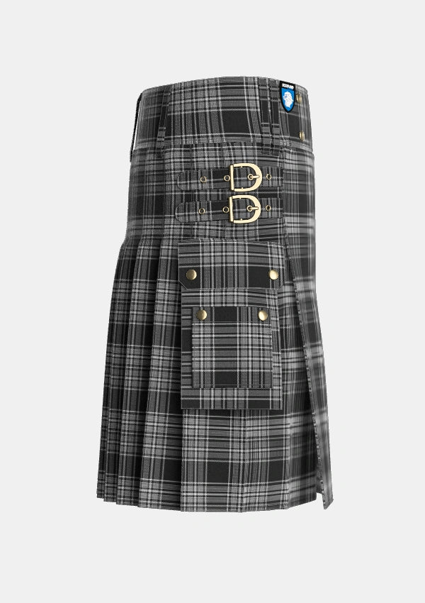 Utility_Scott_Black_and_White_Tartan_1245_kilt_right_image_with_pleated_design_and_adjustable_buckles_for_men