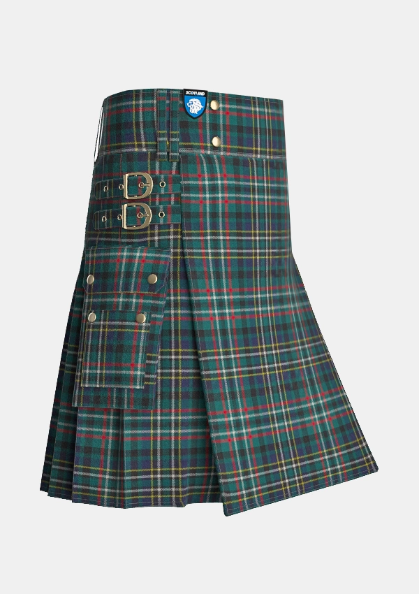 Utility_Scott_Green_Modern_Tartan_kilt_side_image_with_pleated_design_and_adjustable_buckles_for_men