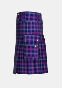 Utility_Scottish_Heather_tartan_3909_kilt_left_image_with_pleated_design_and_adjustable_buckles_for_men