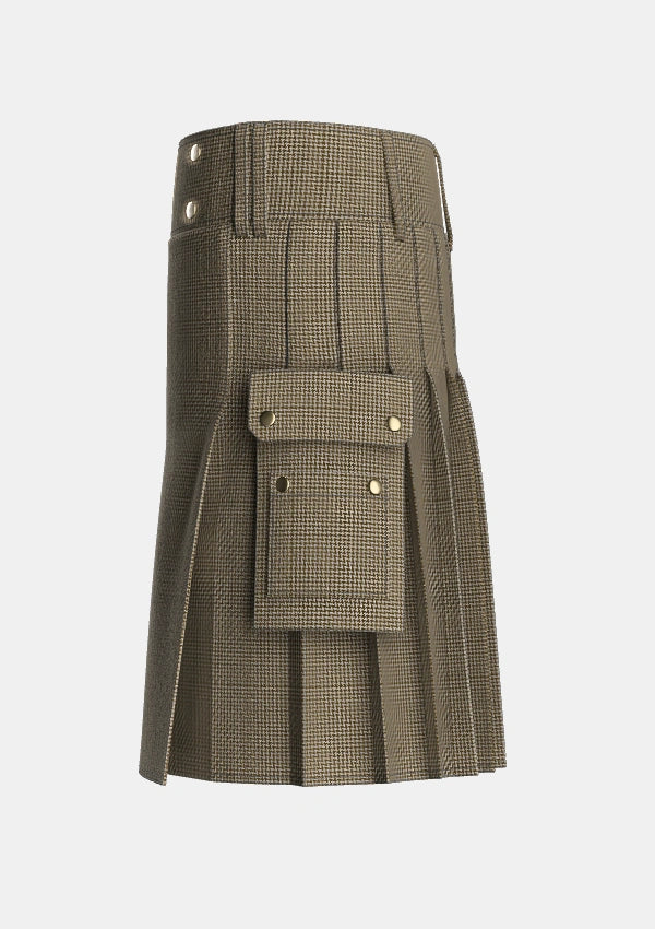 Utility_Shepherd_Brown_White_Tartan_3205_kilt_left_image_with_pleated_design_and_adjustable_buckles_for_men