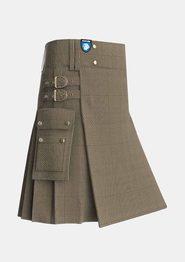 Utility_Shepherd_Brown_White_Tartan_3205_kilt_side_image_with_pleated_design_and_adjustable_buckles_for_men