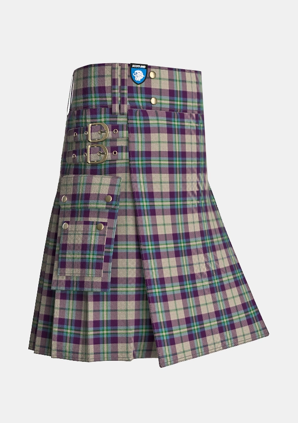 Utility_Shiel_Purple_Tartan_7583_kilt_side_image_with_pleated_design_and_adjustable_buckles_for_men