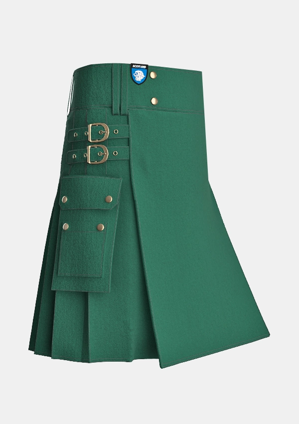 Utility_Solid_Green_Tartan_kilt_side_image_with_pleated_design_and_adjustable_buckles_for_men