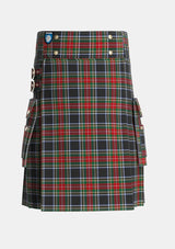 Utility_Stewart_Black_3_Tartan_1073_kilt_front_image_with_pleated_design_and_adjustable_buckles_for_men