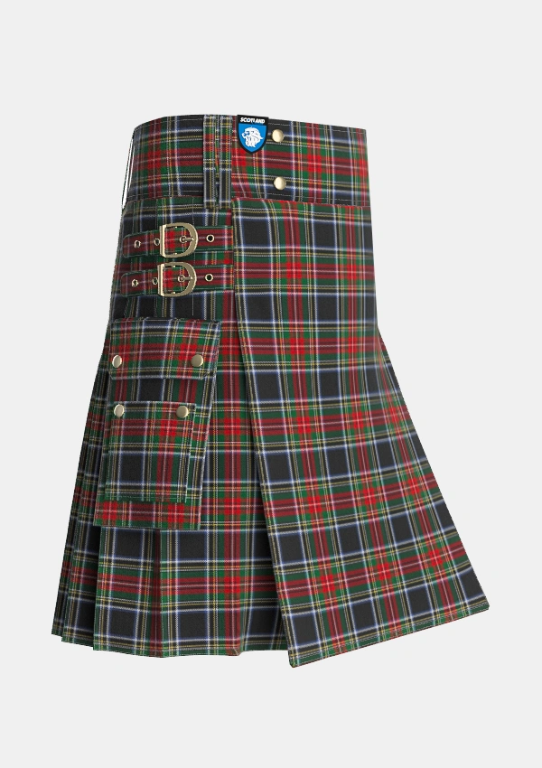 Utility_Stewart_Black_3_Tartan_1073_kilt_side_image_with_pleated_design_and_adjustable_buckles_for_men