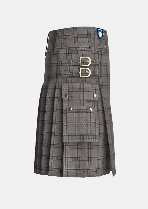 Utility_Stewart_Grey_tartan_1632_kilt_right_image_with_pleated_design_and_adjustable_buckles_for_men