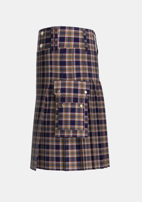 Utility_Stewart_Navy_2_Tartan_2795_kilt_left_image_with_pleated_design_and_adjustable_buckles_for_men