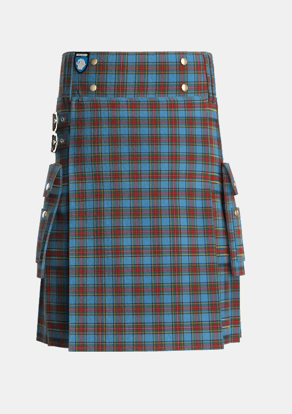Utility_Stewart_Royal_Blue_Tartan_55_kilt_front_image_with_pleated_design_and_adjustable_buckles_for_men