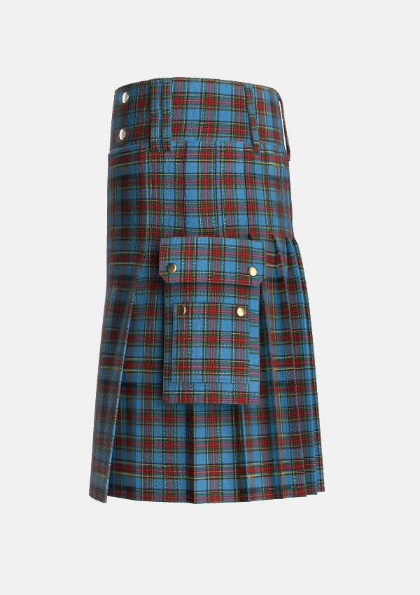Utility_Stewart_Royal_Blue_Tartan_55_kilt_left_image_with_pleated_design_and_adjustable_buckles_for_men