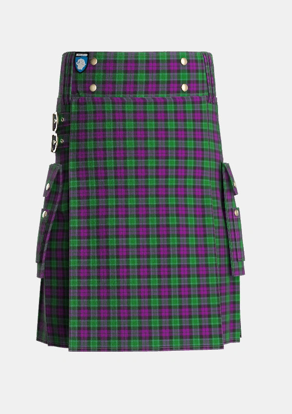 Utility_Wilsons_No150_Tartan_697_kilt_front_image_with_pleated_design_and_adjustable_buckles_for_men