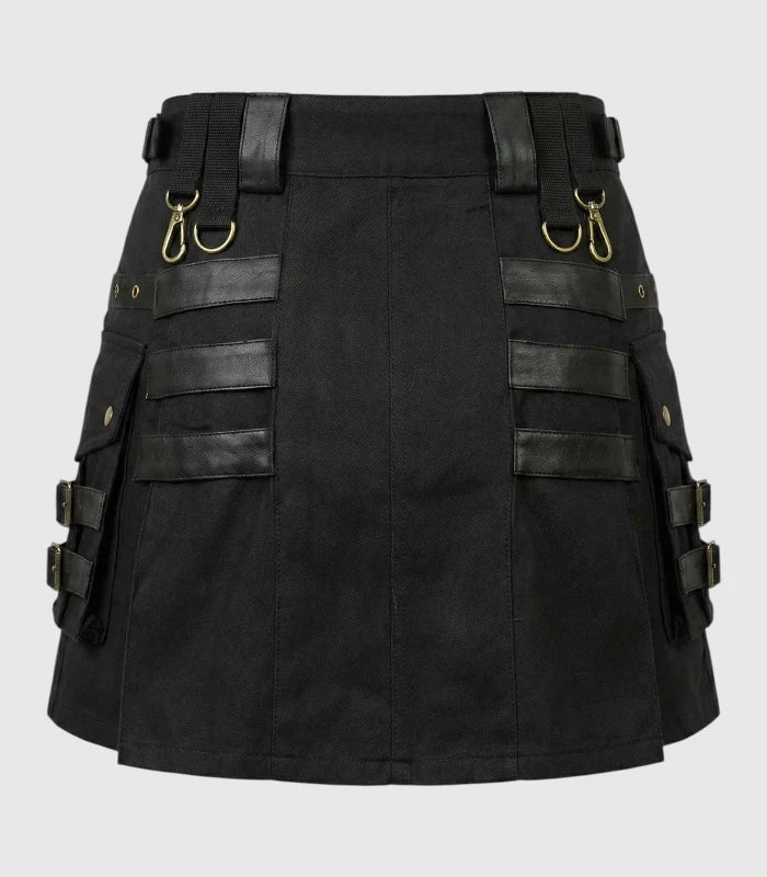 Women Black Gothic Fashion Utility Kilt Back