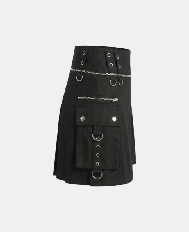 Women Black Gothic Utility Kilt Right Side