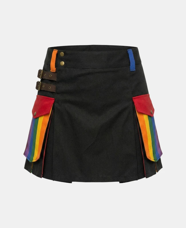 Women Black Rainbow Kilt with Red & Blue Pleats Front